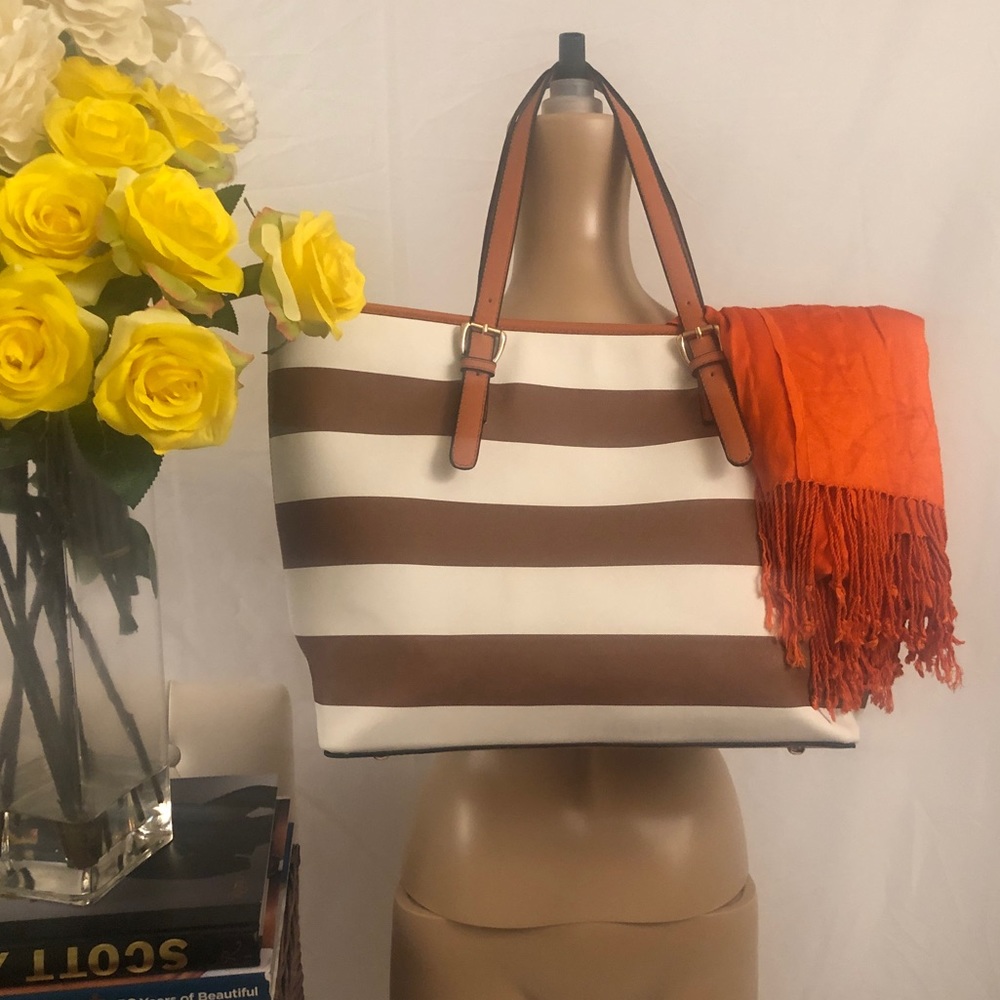 Brown and white stripe everyday bag. .